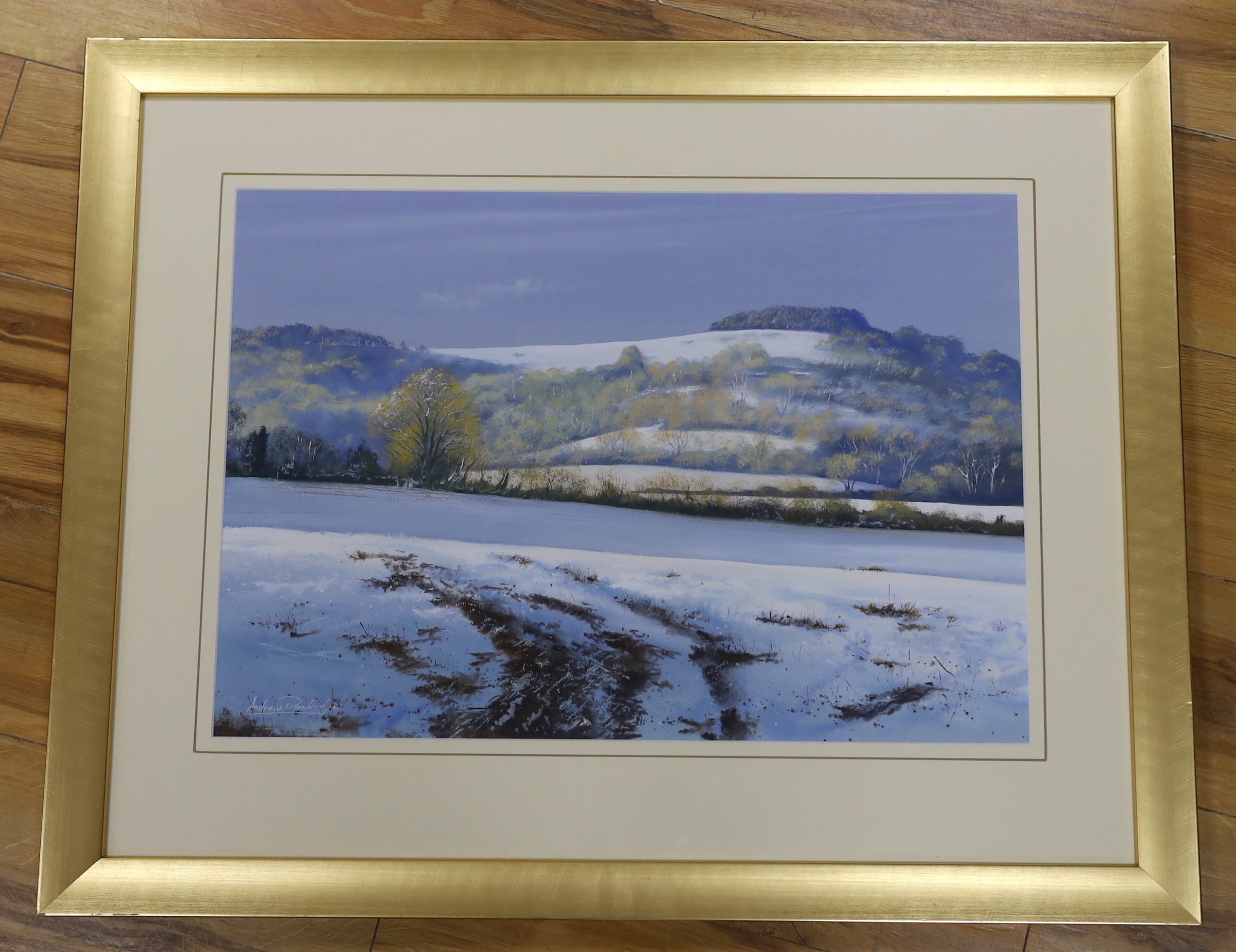 Andrew Dandridge (b.1953) gouache, 'Chanctonbury, Winter', signed, 56cm x 39cm